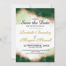 エメラルドグリーンとゴールドのアゲート 結婚式の招待状(Save the Date) セーブザデート
