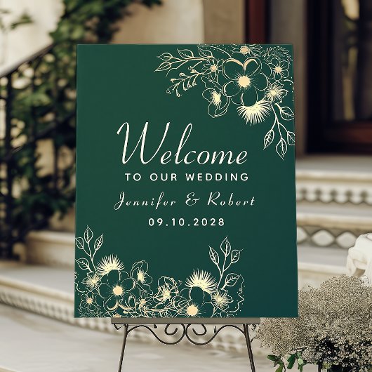 エメラルドグリーンとゴールドのウェディング ウェルカム ポスター