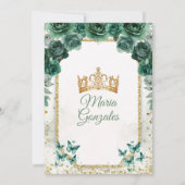 エメラルドグリーンとゴールドのクラウンミス・キンセ・バタフライ 招待状 (裏面)