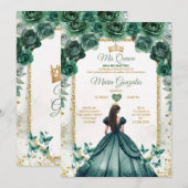 エメラルドグリーンとゴールドのクラウンミス・キンセ・バタフライ 招待状 (正面/裏面)