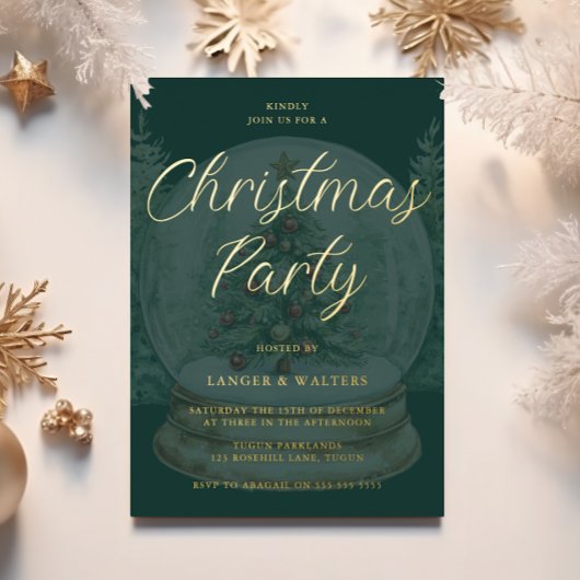 エメラルドグリーンとゴールドのクリスマスパーティー用クリスマスグローブ 箔招待状