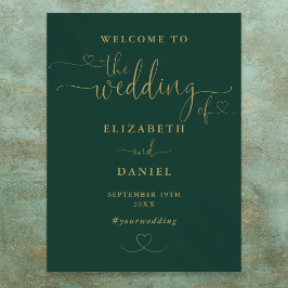 エメラルドグリーンとゴールドのハートスクリプト結婚式ウェルカムサイン ポスター