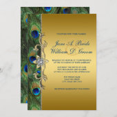 エメラルドグリーンとゴールドのピーコックの結婚式 招待状 (正面/裏面)