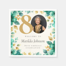 エメラルドグリーンとゴールドのフラワーの80歳の誕生日パーティー
