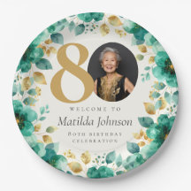 エメラルドグリーンとゴールドのフラワーの80歳の誕生日パーティー