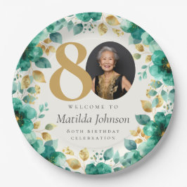 エメラルドグリーンとゴールドのフラワーの80歳の誕生日パーティー ペーパープレート