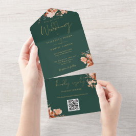 エメラルドグリーンとゴールドのフラワーQRコード 秋の結婚式 オールインワン招待状