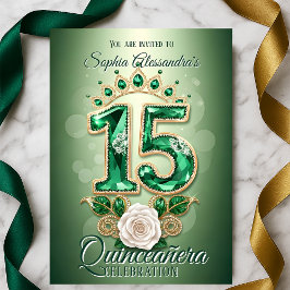 エメラルドグリーンとゴールドのロイヤルティアラ ローズ quinceañera  招待状