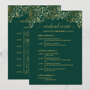 エメラルドグリーンとゴールドの結婚式イベントとタイムライン プログラム