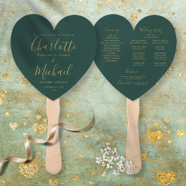エメラルドグリーンとゴールドの結婚式プログラム ハート ハンドファン