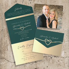 エメラルドグリーンとゴールドの結婚式QRコード招待状 オールインワン招待状