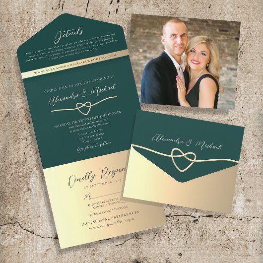 エメラルドグリーンとゴールドの結婚式QRコード招待状 オールインワン招待状