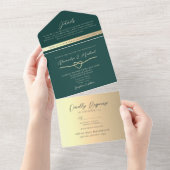 エメラルドグリーンとゴールドの結婚式QRコード オールインワン招待状 (貼ってはがせる)