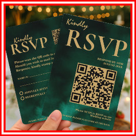 エメラルドグリーンとゴールドの結婚式QRコードRSVP エンクロージャーカード