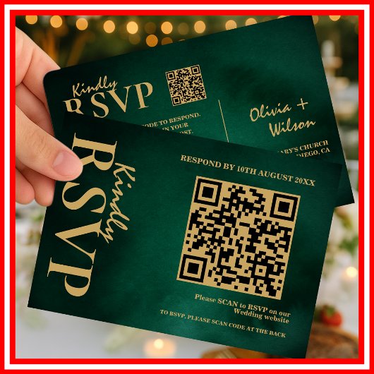エメラルドグリーンとゴールドの結婚式QRコードRSVP 出欠カード