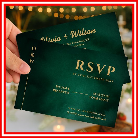 エメラルドグリーンとゴールドの結婚式QRコードRSVP 出欠カード