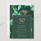 エメラルドグリーンとゴールドの花柄誕生日 招待状 (正面)