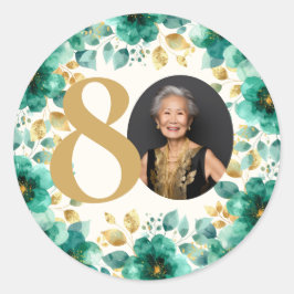 エメラルドグリーンとゴールドの花柄 80歳の誕生日パーティー ラウンドシール