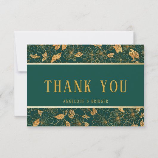 エメラルドグリーンとゴールドの葉の感謝カード サンキューカード (正面)