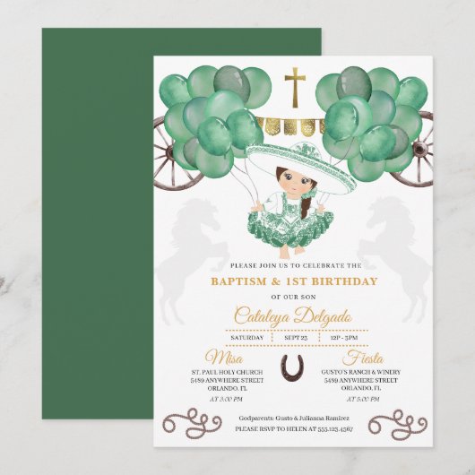 エメラルドグリーンとゴールドの赤ちゃんチャラ メキシコの洗礼 招待状 (正面/裏面)