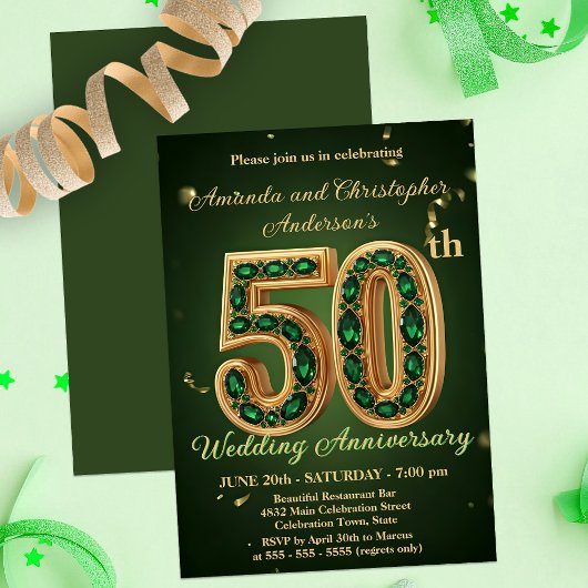 エメラルドグリーンとゴールドの50周年記念結婚式 招待状