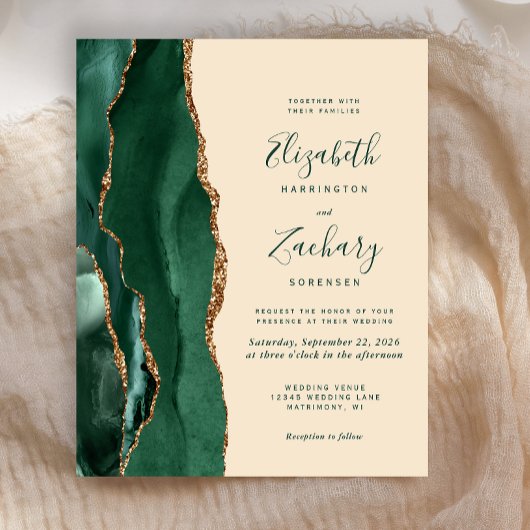 エメラルドグリーンとゴールドのagateを使った豪華なモダンウェディング招待状