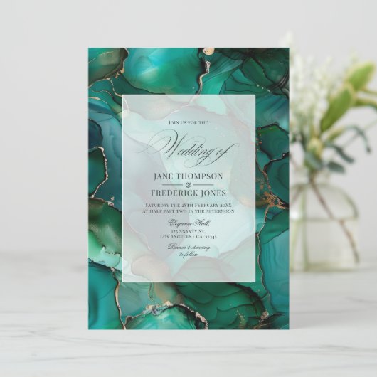 エメラルドグリーンとゴールドインクの結婚式 招待状 (スタンド正面)