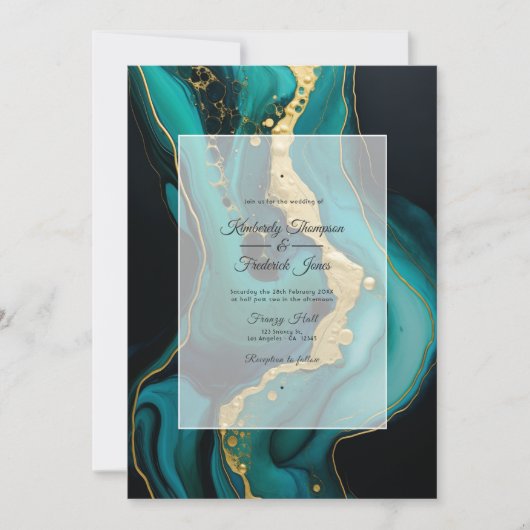 エメラルドグリーンとゴールド、ブラックインクのウェディング 招待状 (正面)