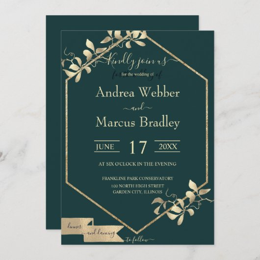エメラルドグリーンとシャンパン 招待状 (正面/裏面)