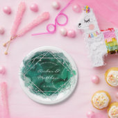 エメラルドグリーンとシルバーの幾何結婚図形 ペーパープレート (パーティー)