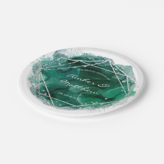 エメラルドグリーンとシルバーの幾何結婚図形 ペーパープレート (アングル)