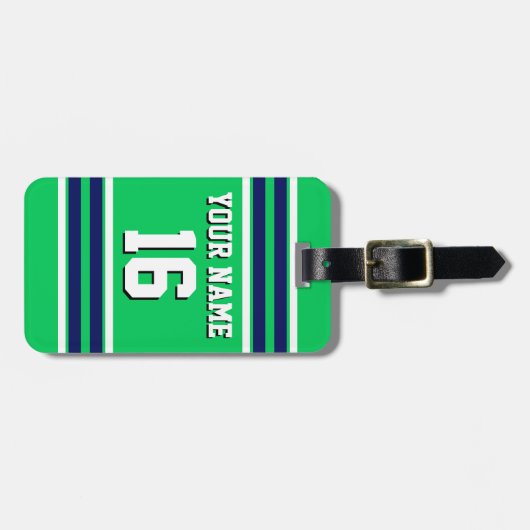 エメラルドグリーンとネイビーストライプホワイトのチームジャージー ラゲッジタグ (正面横)