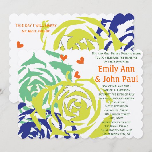 エメラルドグリーンとネイビー　モダン多肉植物の結婚式招待状 招待状 (正面/裏面)