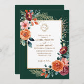 エメラルドグリーンとブルゴーニュフローラ秋の結婚式 招待状 (正面/裏面)