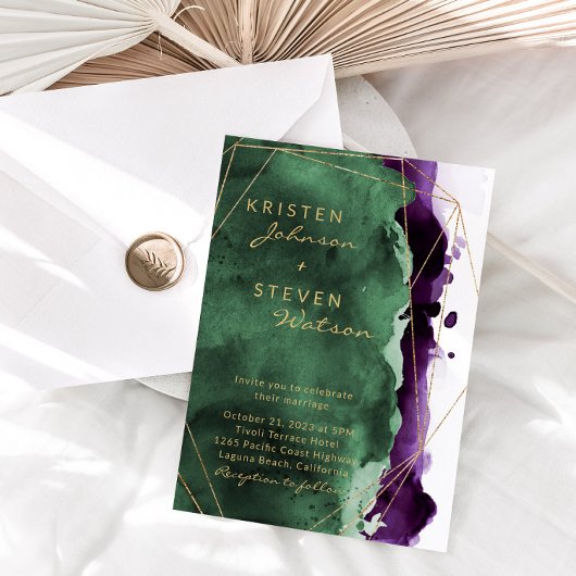 エメラルドグリーンとプラムパープルの結婚式招待状 招待状