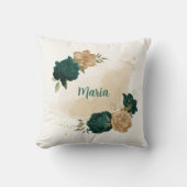 エメラルドグリーンとベージュ金ゴールドの花 クッション (正面)