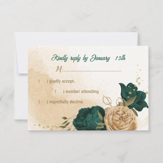 エメラルドグリーンとベージュ金ゴールドの花 出欠カード (正面)