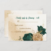 エメラルドグリーンとベージュ金ゴールドの花 出欠カード (正面/裏面)