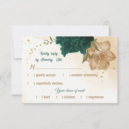 エメラルドグリーンとベージュ金ゴールドの花 出欠カード (正面)