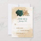 エメラルドグリーンとベージュ金ゴールドの花 出欠カード (正面)