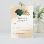 エメラルドグリーンとベージュ金ゴールドの花 出欠カード (スタンド正面)
