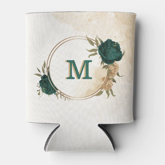 エメラルドグリーンとベージュ金ゴールドの花 缶クーラー (正面)