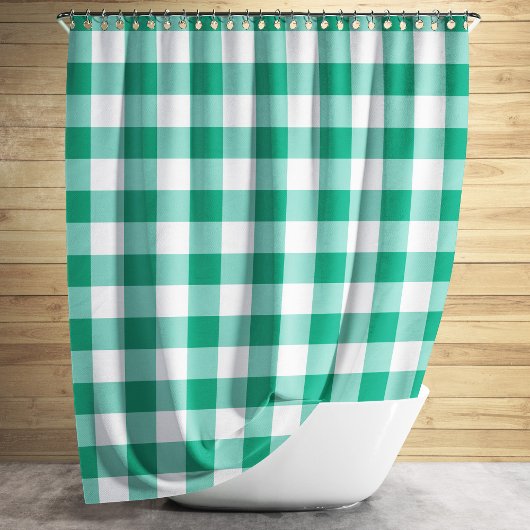 エメラルドグリーンとホワイトのチェック入りギンガムパターン シャワーカーテン