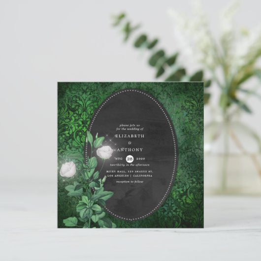 エメラルドグリーンとホワイトダマスクのフローラ結婚ズ 招待状 (スタンド正面)