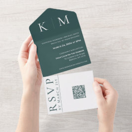 エメラルドグリーンとホワイトモノグラム結婚ズ –  オールインワン招待状