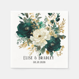 エメラルドグリーンとホワイト金ゴールド牡丹結婚ズ スタンダードカクテルナプキン