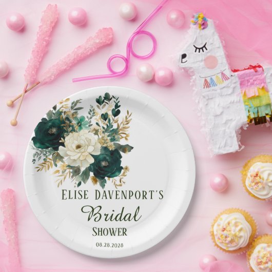 エメラルドグリーンとホワイト金ゴールド牡丹結婚ズ ペーパープレート (パーティー)