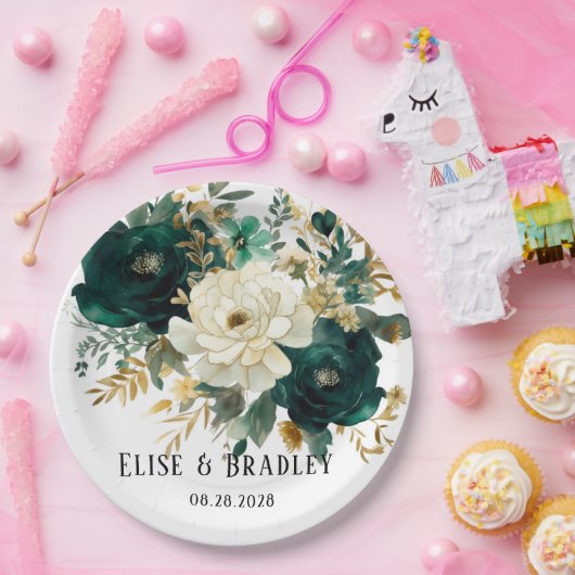 エメラルドグリーンとホワイト金ゴールド牡丹結婚ズ ペーパープレート (パーティー)