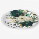 エメラルドグリーンとホワイト金ゴールド牡丹結婚ズ ペーパープレート (アングル)