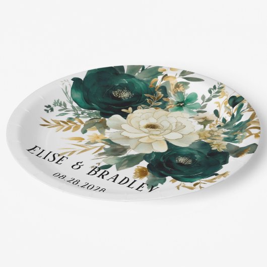 エメラルドグリーンとホワイト金ゴールド牡丹結婚ズ ペーパープレート (アングル)
